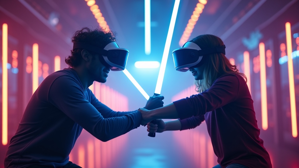 Dos avatares de luchadores se enfrentan en la arena de Broken Edge, una experiencia de duelos de espadas VR disponible en Virtua Barcelona.