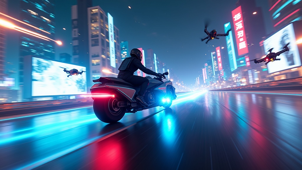Análisis de un circuito futurista en V-Racer Hoverbike Combate VR con luces de neón.