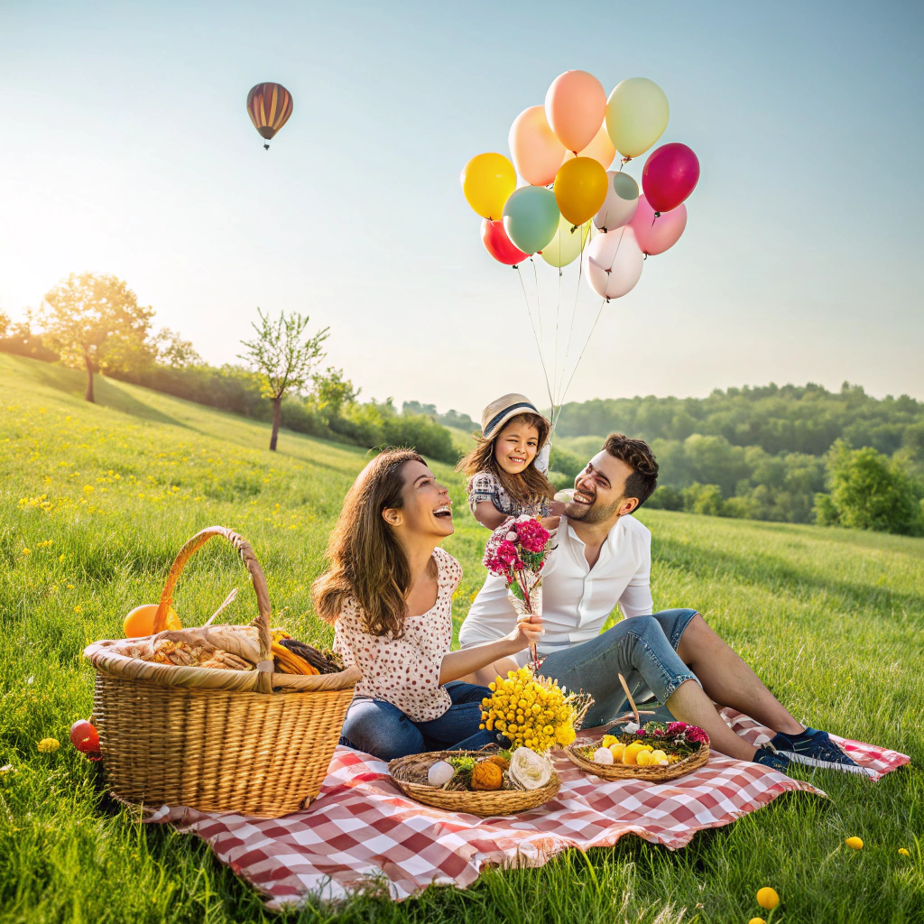 A family enjoying a picnic in a sunny park.