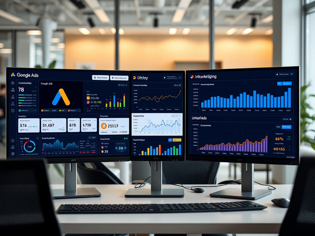 Professional paid media marketing dashboard showing multiple advertising platforms with campaign performance metrics and ROI analytics