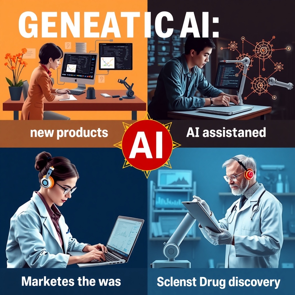 تصویری واقع‌گرایانه و با کیفیت بالا که کاربردهای مختلف هوش مصنوعی مولد را در صنایع گوناگون نشان می‌دهد: یک طراح در حال ساخت مفاهیم جدید محصول، یک توسعه‌دهنده در حال نوشتن کد با کمک هوش مصنوعی، یک بازاریاب در حال تولید محتوا، و یک دانشمند در حال تجزیه و تحلیل داده‌ها برای کشف دارو. این تصویر باید نوآوری و کاربرد متنوع هوش مصنوعی مولد را منتقل کند.