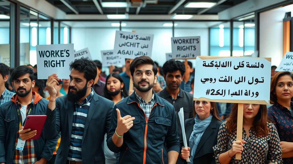 گروهی متنوع از کارگران فناوری در یک محیط اداری مدرن، درگیر یک اعتراض مسالمت‌آمیز. پلاکاردها باید به زبان فارسی باشند و بر موضوعاتی مانند «حقوق کارگران» و «مذاکرات عادلانه» در چارچوب یک Tech Worker Strike تمرکز کنند. جو باید نشان‌دهنده عزم و وحدت باشد. Realistic, high-quality.