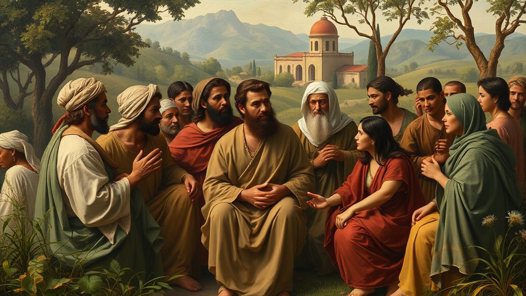 도전과 조화를 상징하는 공동체와 자연의 장면