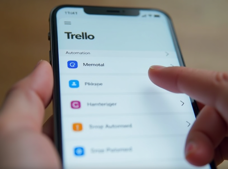 A smartphone displaying the Trello app with part of the automation features obscured; a finger is about to tap on it, illustrating how automation triggers are hidden until activated.