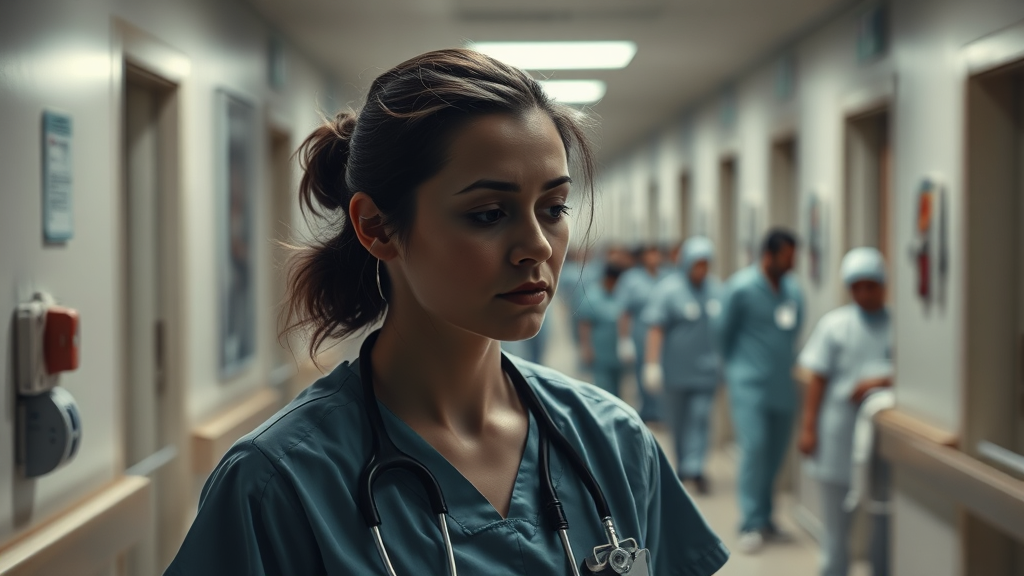 پرستار خسته و تحت فشار به دلیل کمبود پرستار در بیمارستان. realistic, high-quality