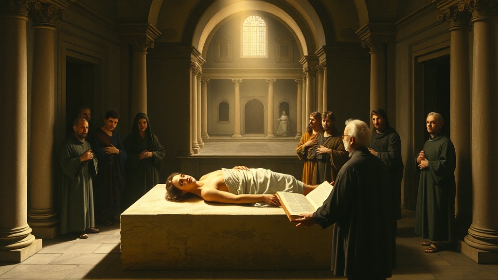 고요하고 엄숙한 분위기의 르네상스 풍 장면