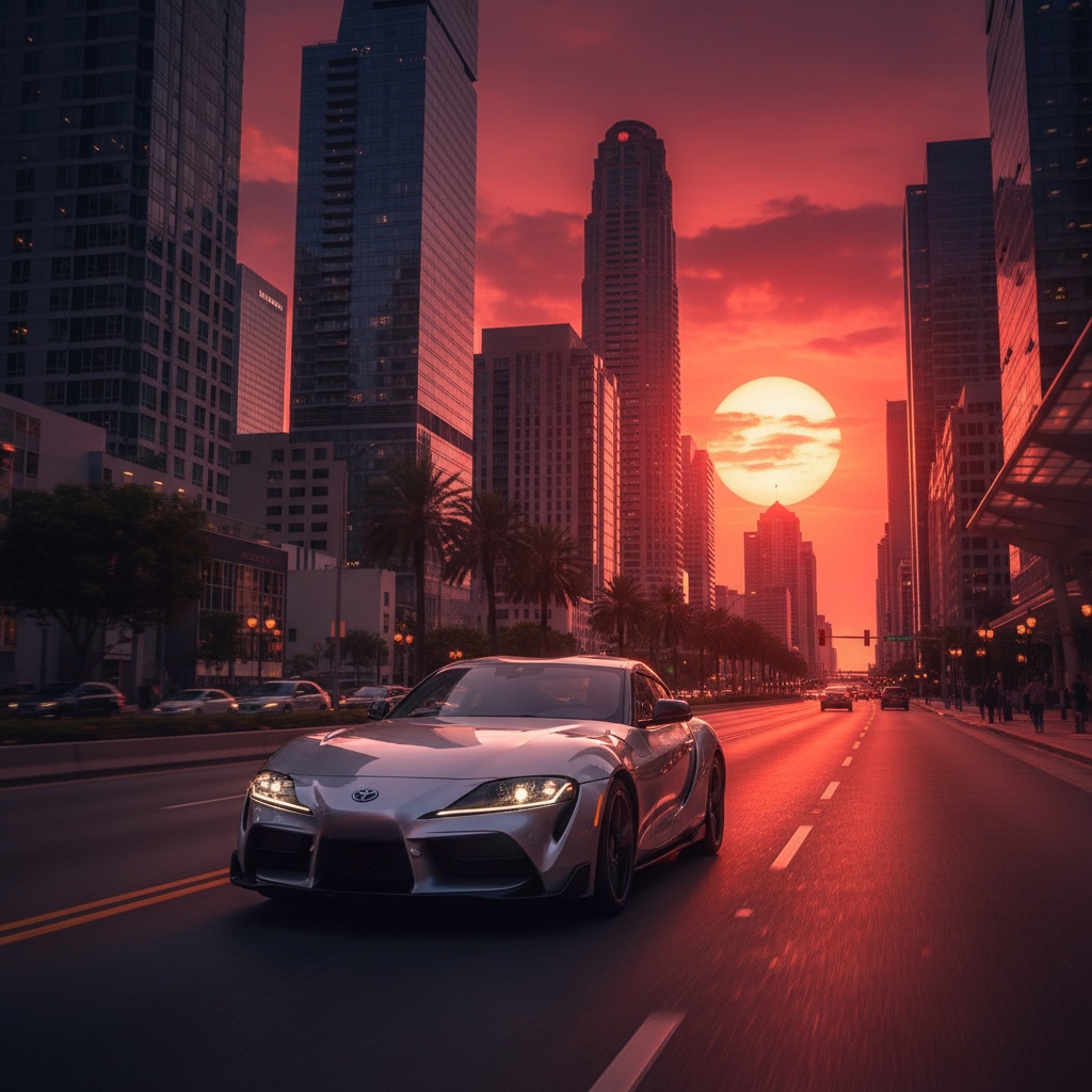 Toyota supra driving elegantly in the middle city,