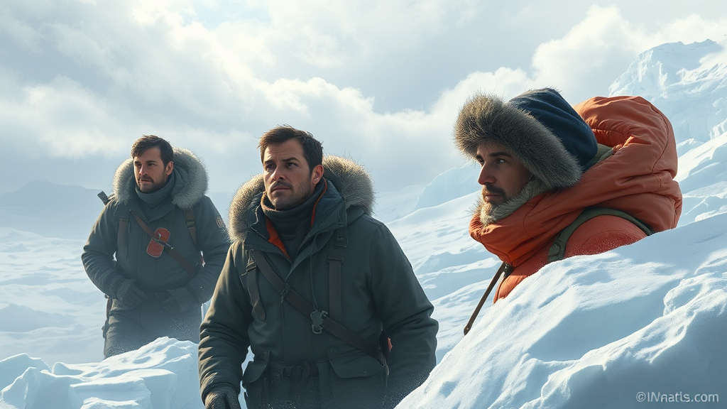 남극 환경에서 탐험과 도전의 정신을 상징적으로 묘사한 그림