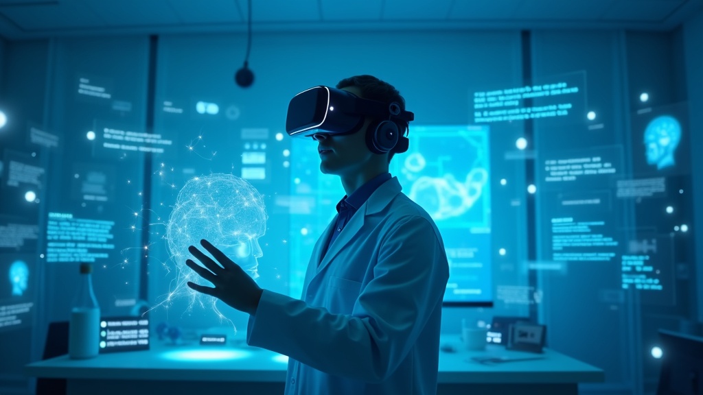 Investigador supervisando a un paciente que participa en un experimento psicológico con gafas de VR.