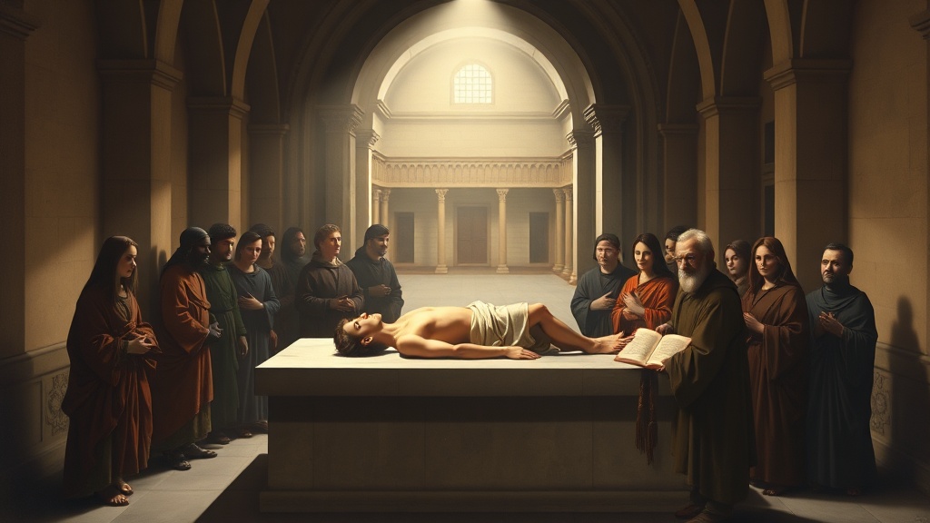 르네상스풍의 고요한 실내에서 애도하는 무명의 인물들