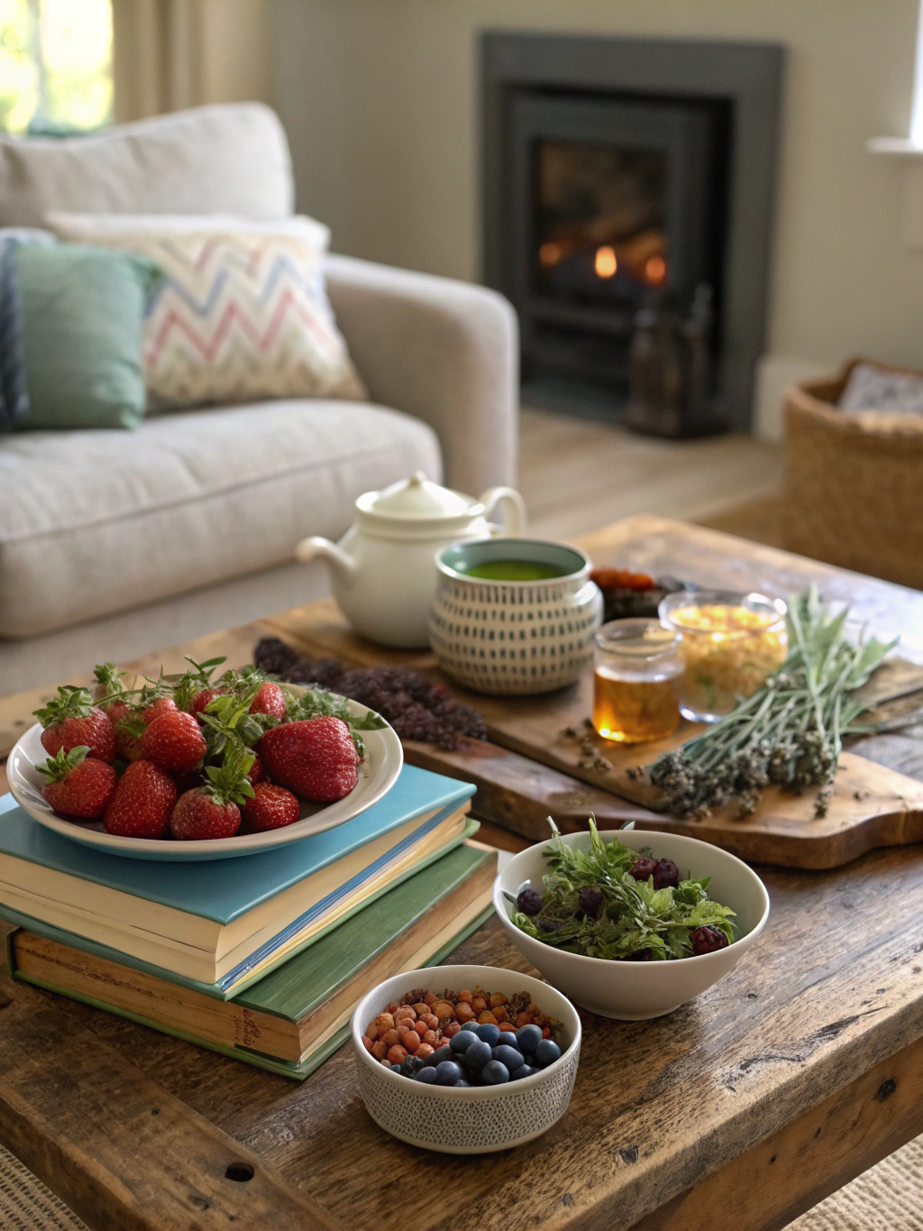 Woman enjoying slow living Saturday with tea, journal, and blanket on a cozy couch