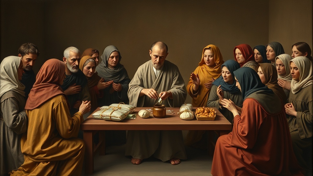 나눔을 상징하는 고전적 배경의 장면, 소형 포장과 빵을 나누는 중앙 인물과 다양한 연령대의 사람들이 모인 모습