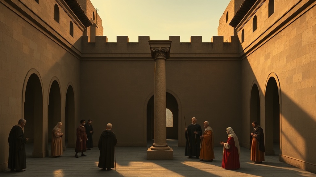 석조 기둥을 분리하는 장인들과 연로한 이들이 있는 고요한 회랑 풍경