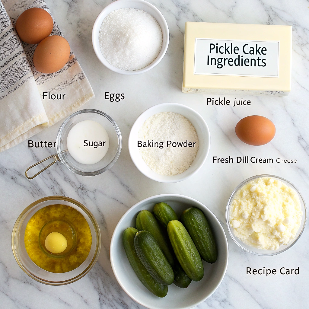 Pickle cake recipe ingredients including pickle juice and fresh dill