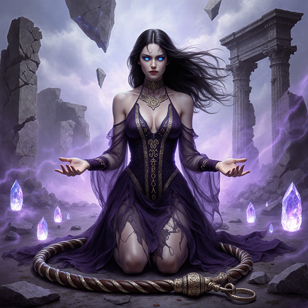 A mystical fantasy scene of the same sorceress kne