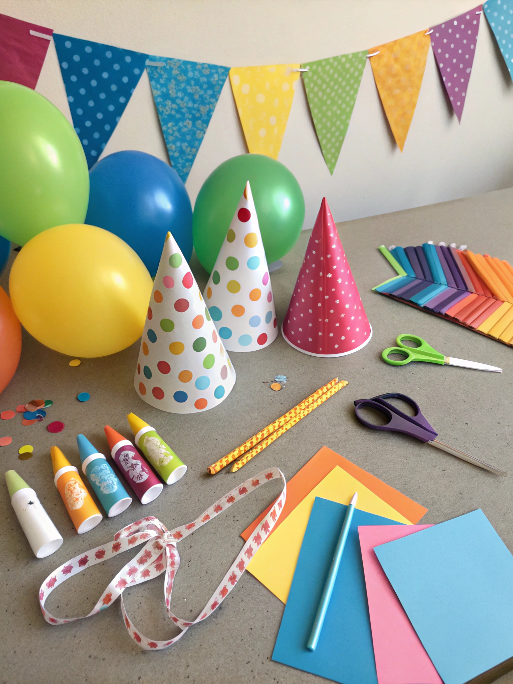 DIY birthday decoration materials laid out on a table