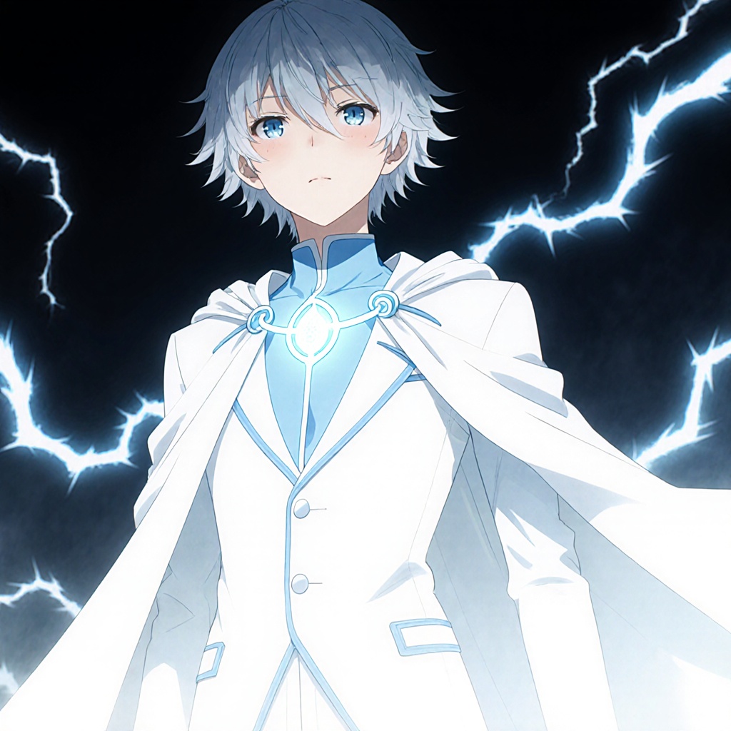 a character surround by lighting with a white suit