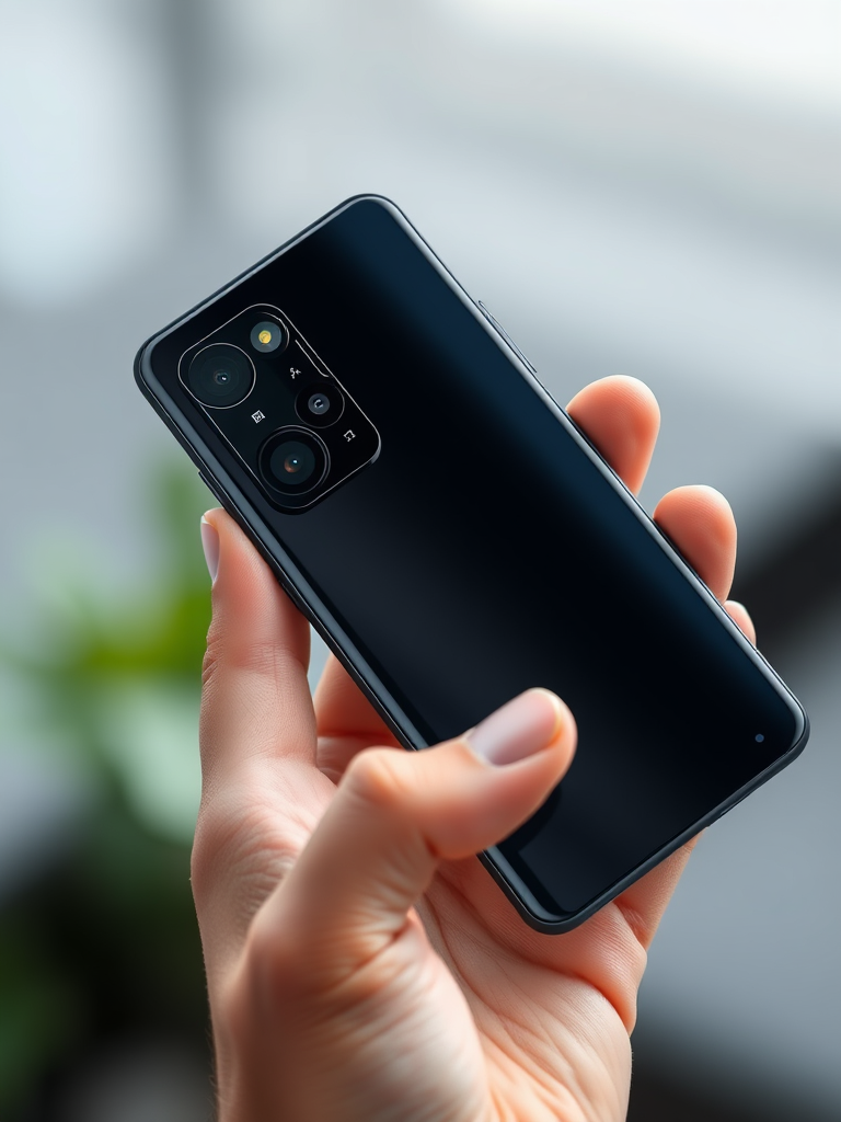 یک گوشی هوشمند مدرن با سیستم دوربین سه لنزی، با تمرکز بر ماژول دوربین. گوشی به گونه‌ای در دست گرفته شده است که طراحی ارگونومیک آن را برجسته کند. این تصویر بیانگر پیشرفت‌های جدید در اخبار گوشی هوشمند است.