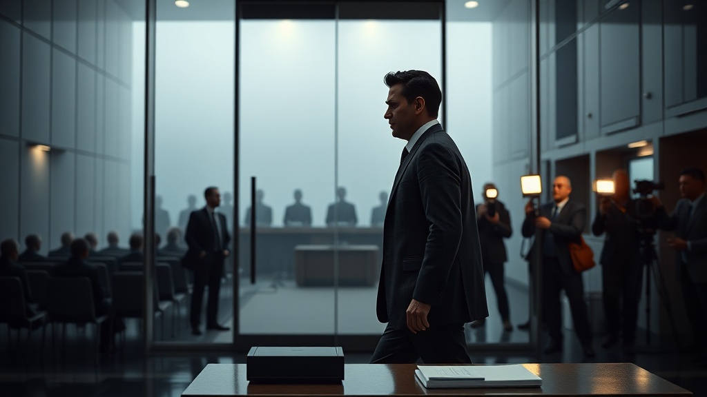 Cinematic scene outside a public hearing chamber suggesting scrutiny and accountability