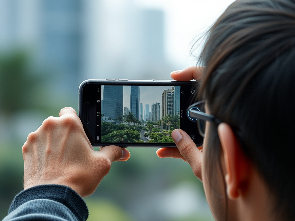 تصویر یک فرد در حال استفاده از گوشی هوشمند برای گرفتن یک عکس با کیفیت حرفه‌ای، با لنزهای پیشرفته دوربین قابل مشاهده، تاکید بر عکاسی محاسباتی. Smartphone Innovations.