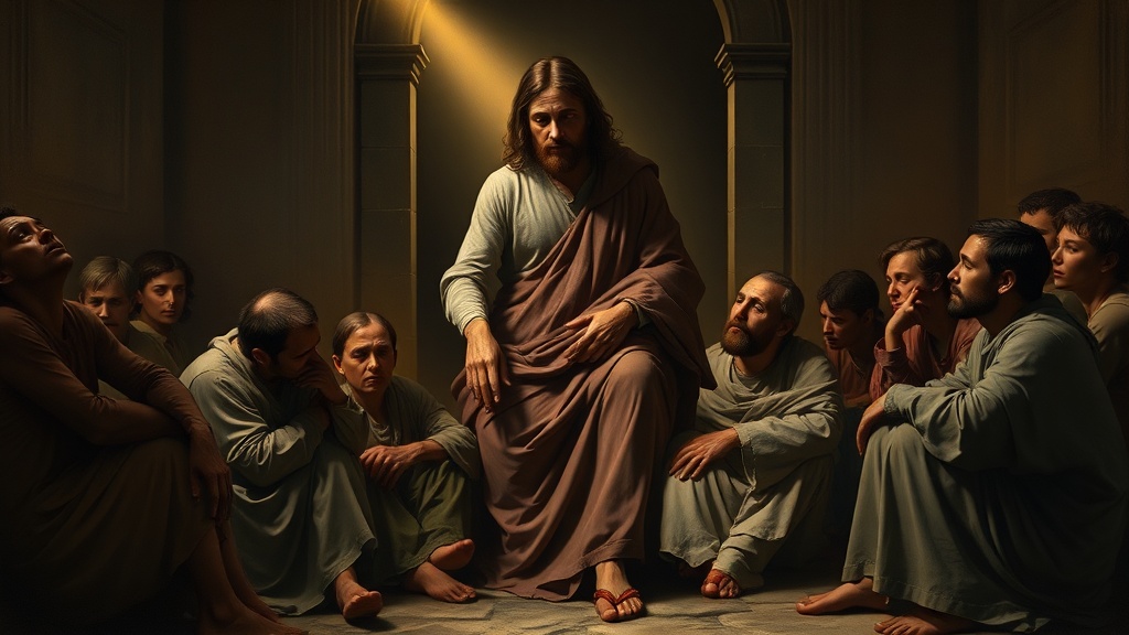 지친 노동자들에게 다가가는 자비의 손길과 희망의 새싹을 상징하는 르네상스풍 그림