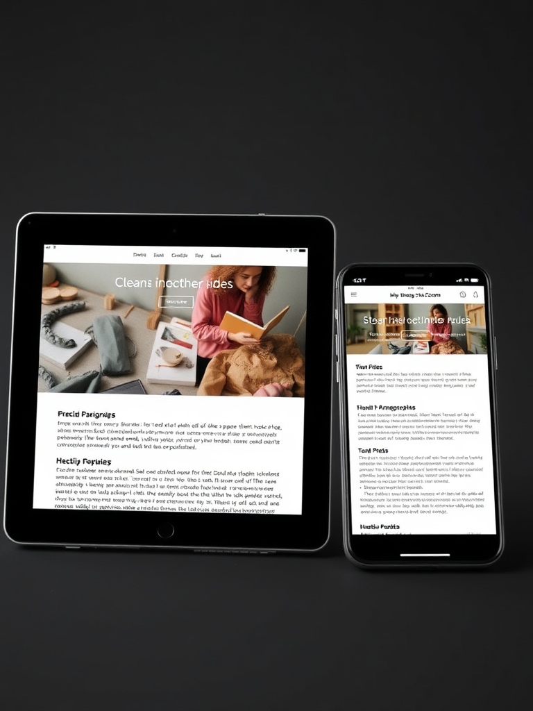 A visually appealing website layout on a tablet and phone, showing clear headings, short paragraphs, and bullet points, emphasizing a user-friendly design for an SEO blog.