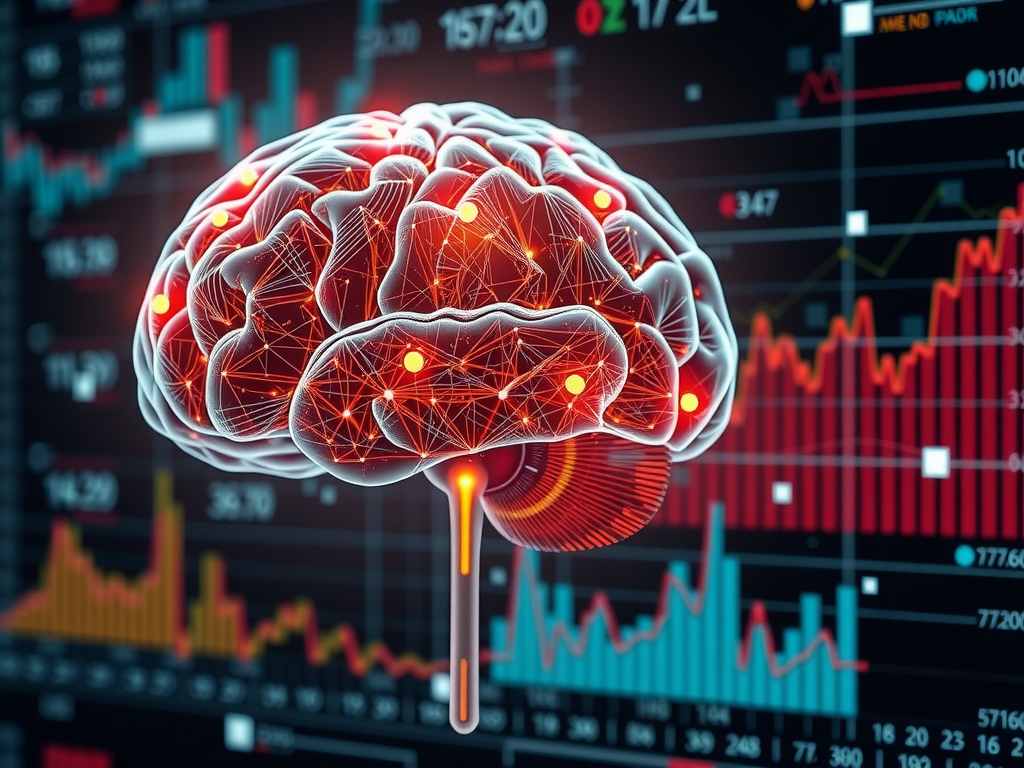 تصویری واقعگرایانه و با کیفیت بالا از دادهها که به یک شبکه عصبی شبیه مغز جریان مییابند، با نمودارها و گرافهای مالی در پسزمینه، که هوش مصنوعی در بانکداری و پیشبینی خرید مشتری را نشان میدهد.