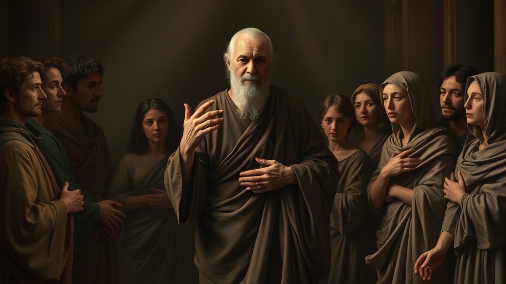 중심에 어른이 서서 양쪽 무리를 연결하며 화해와 연속성을 상징하는 고요한 장면