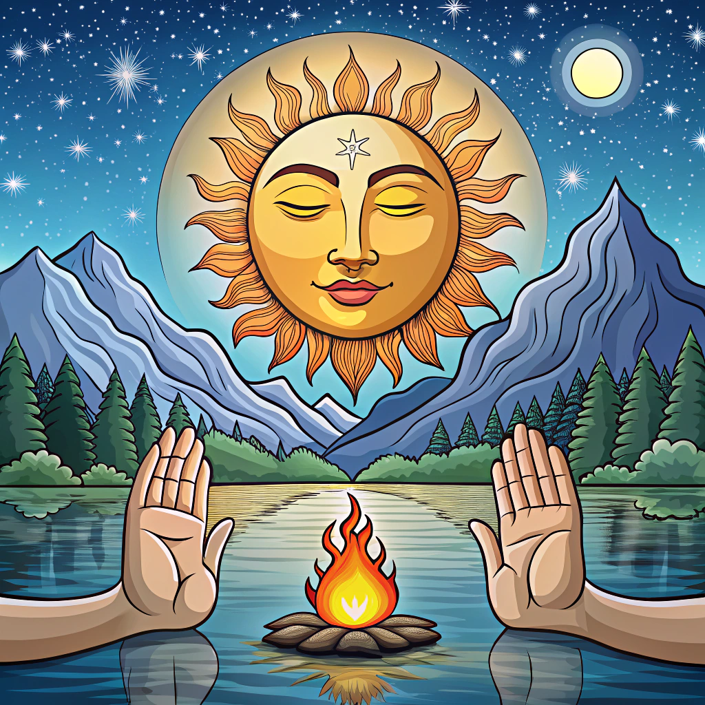 Serene God Floating Between Moon and Sun Serene God Floating Between Moon and Sun