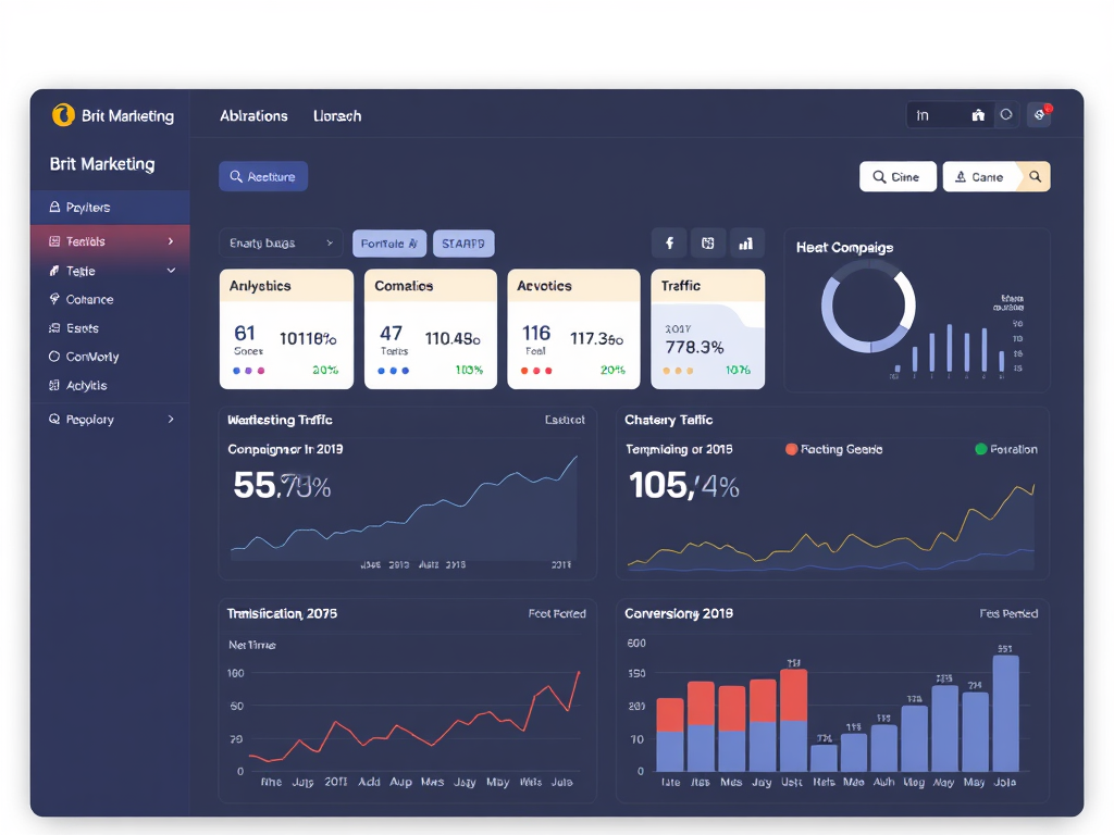 Screenshot of a digital marketing management platform dashboard showing various analytics widgets, campaign performance metrics, and navigation menu