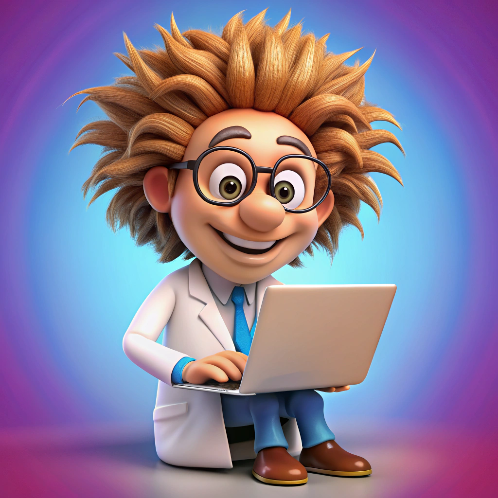 Energetic Cartoon Mascot with Laptop & Lab Coat