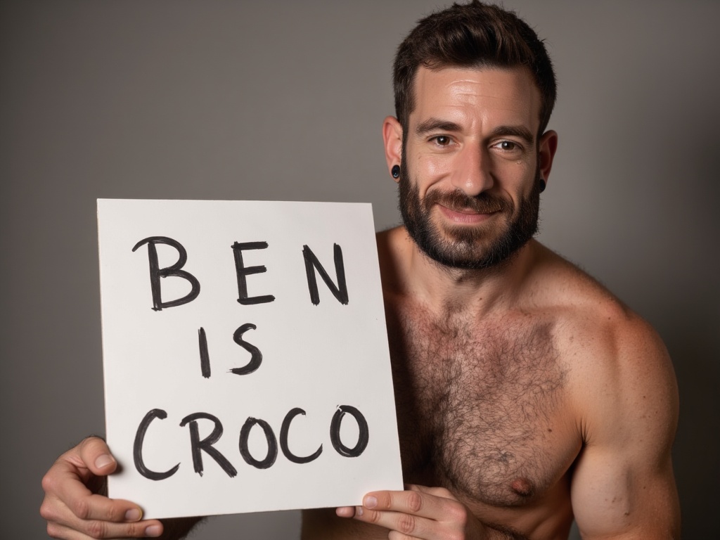 דמות מחזיקה שלט עם הכיתוב BEN IS CROCO