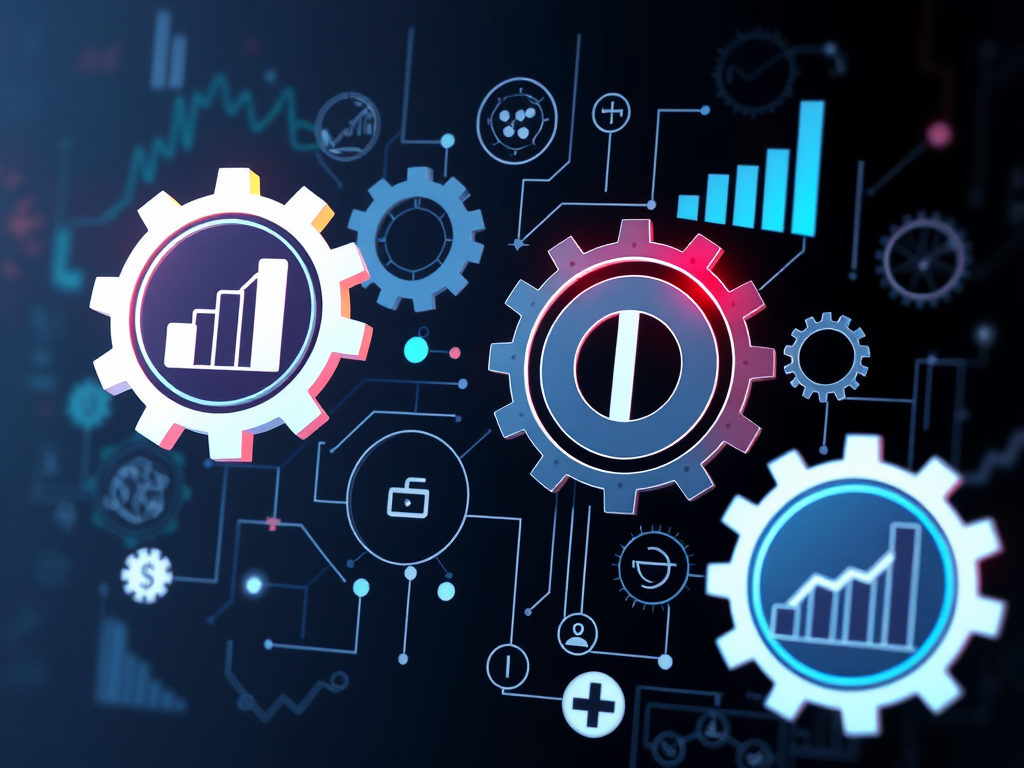 Abstract digital art representing AI gears meshing smoothly with traditional business icons like charts and graphs, symbolizing seamless automation integration.