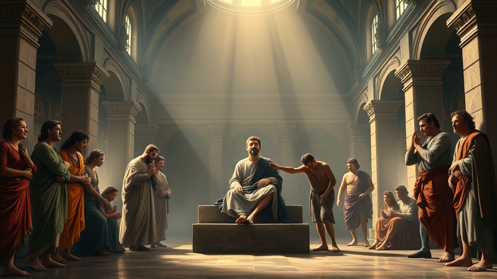 알레고리 회화: 화해를 향한 장면을 담은 고전적 실내 풍경