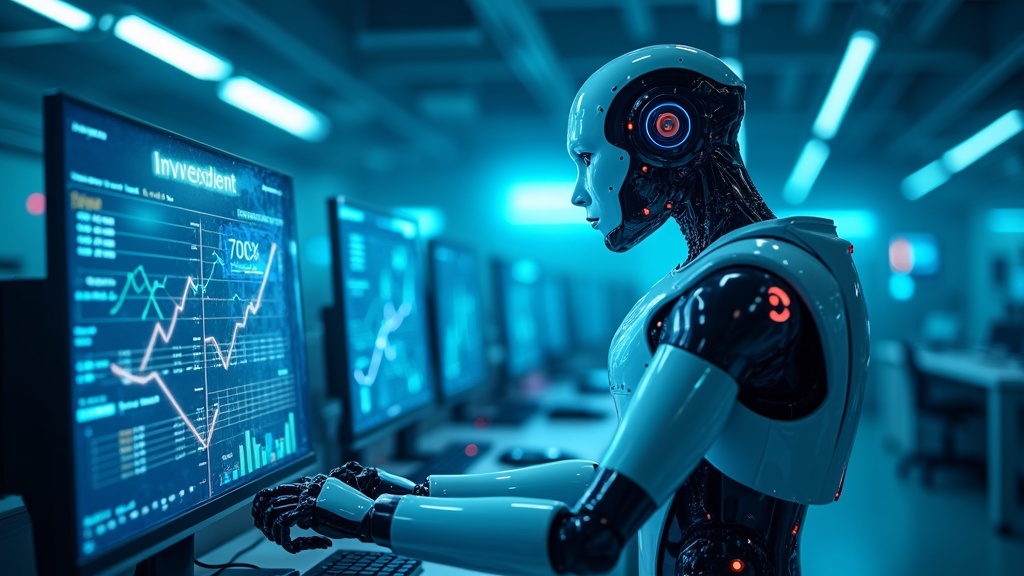 Un robot humanoide avanzado interactuando con una pantalla digital, simbolizando la inversión en ETFs de robótica humanoide.