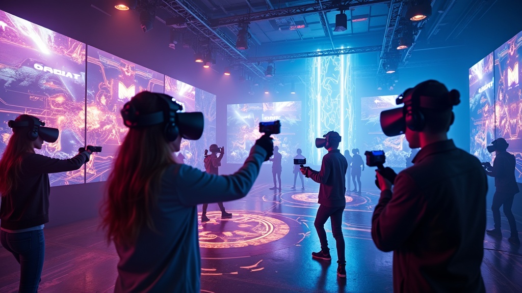 Sala de juego en Virtua Barcelona preparada con equipos HTC Vive Pro 2 para una sesión del hero shooter VR X8.
