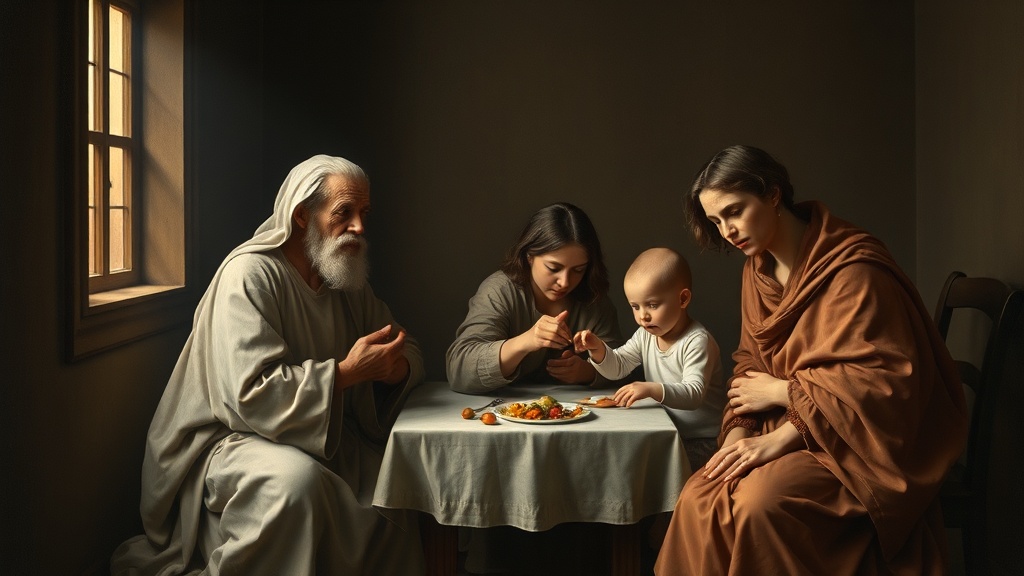 르네상스풍의 따뜻한 실내 장면, 온화한 빛과 보살핌을 상징