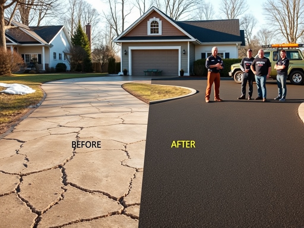 Before and after image of a residential driveway showing cracked pavement on one side and a newly paved smooth asphalt surface on the other with a professional paving team from Willie’s Paving in the background.