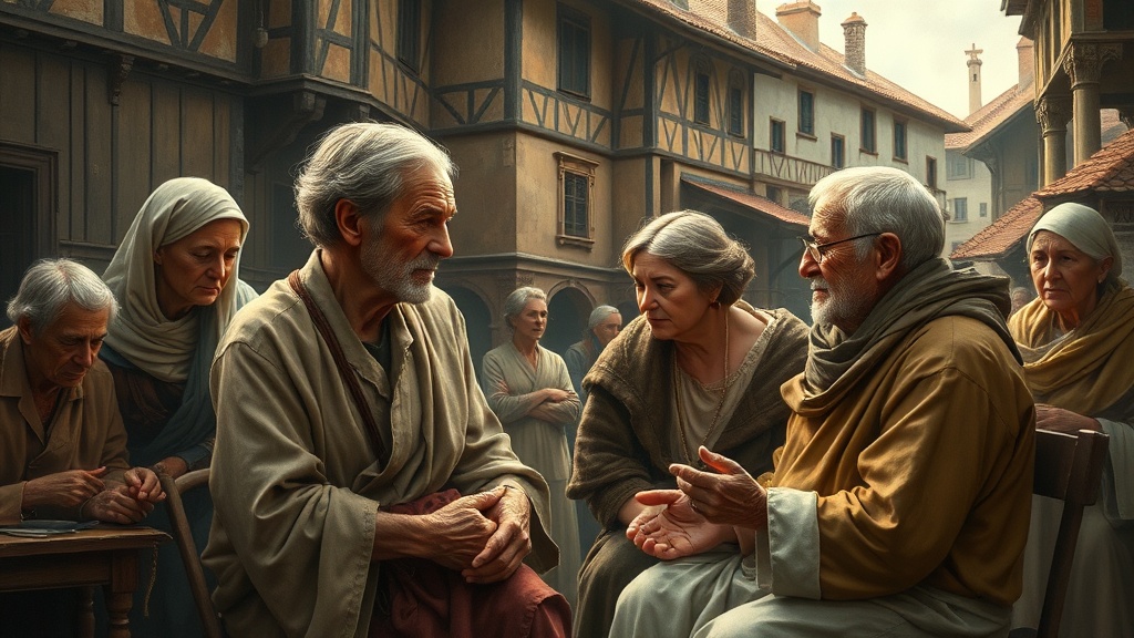 노인 공동체 생활의 평화로운 장면을 상징적으로 표현