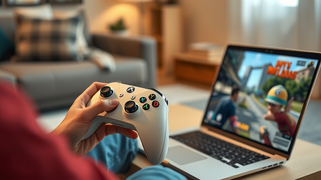 فردی در حال بازی استریم شده ایکس‌باکس روی لپ‌تاپ با کنترلر و اتصال اینترنت پایدار