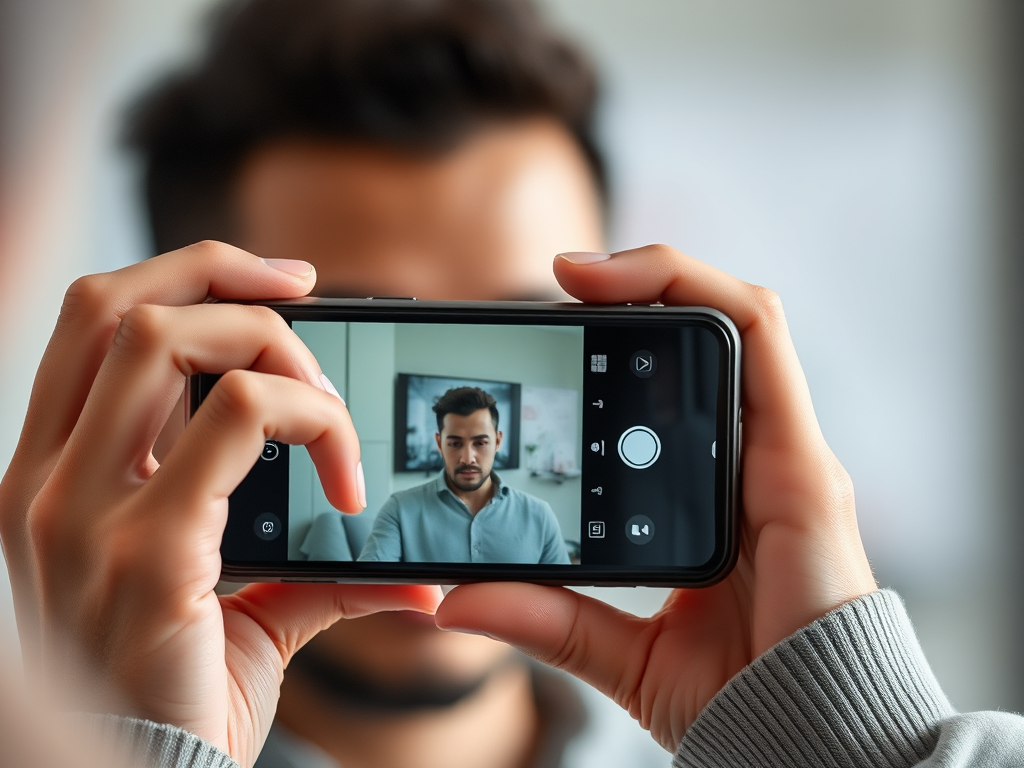 شخصی در حال گرفتن عکس با کیفیت بالا با یک گوشی هوشمند مدرن، با تمرکز بر لنز دوربین و سوژه. تصویر باید حرفه‌ای بودن و خلاقیت را منتقل کند، مناسب برای علاقه‌مندان به بررسی گوشی موبایل و عکاسی موبایلی.