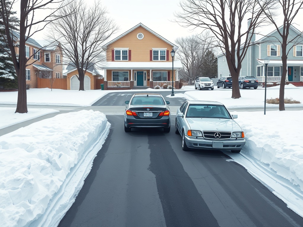 A suburban home with a short driveway holding two cars while a third car is parked on a snowy street highlighting limited parking space during winter.