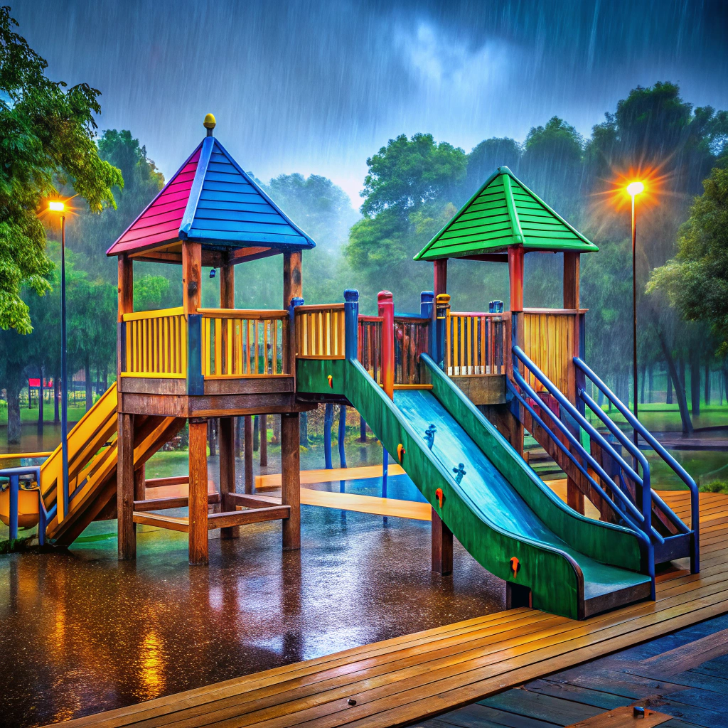 Colorful Children's Playground Fort in Rainy Park