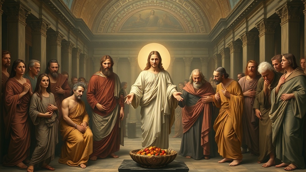 중앙 인물을 둘러싼 인물들과 시드는 꽃이 전경에 놓인 종교적 알레고리 이미지