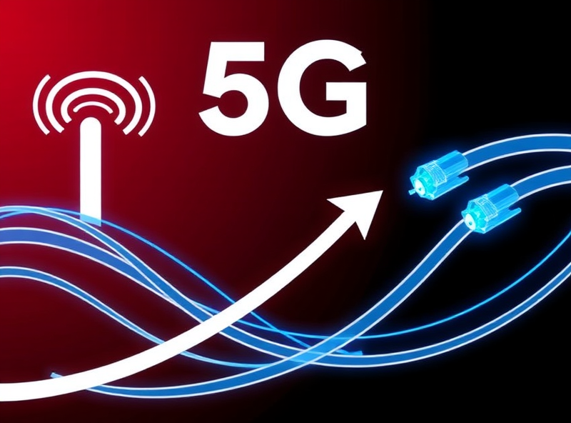 Icons representing 5G signals and fiber optic cables merging or working together, with subtle upward arrows, showing investment and growth in next-generation connectivity.