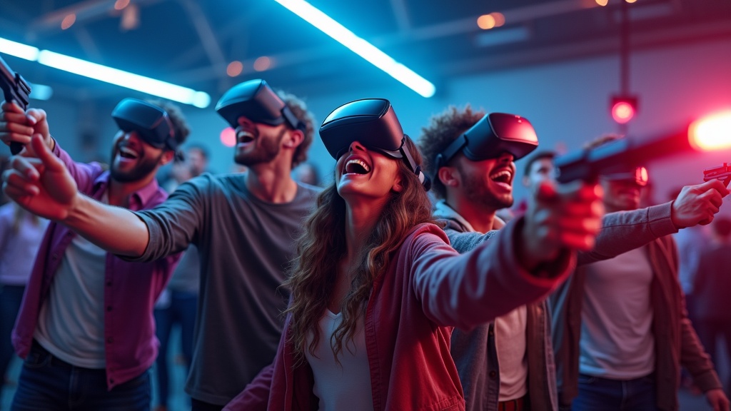 Amigos compitiendo y riendo durante una sesión de juegos VR como Space Pirate Trainer en Virtua Barcelona