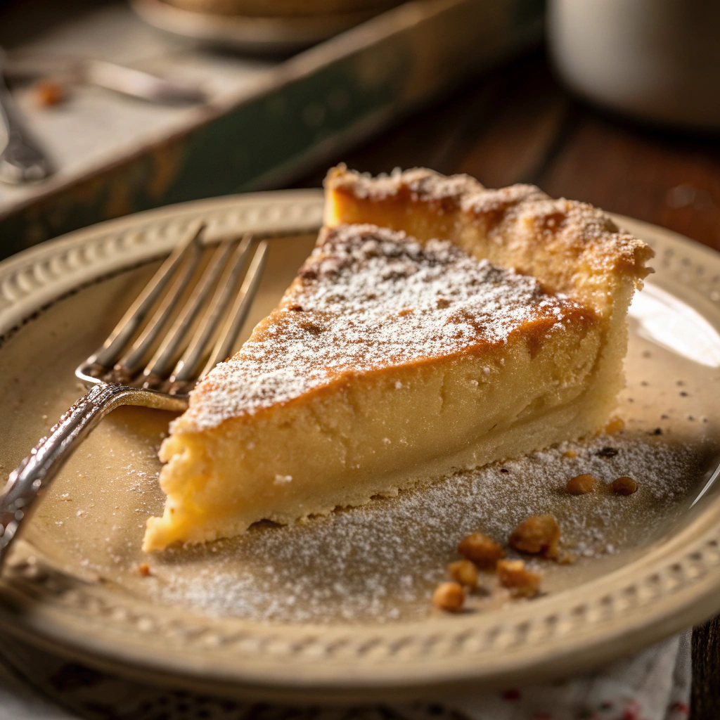 Slice of homemade chess pie with perfect custard and golden crust