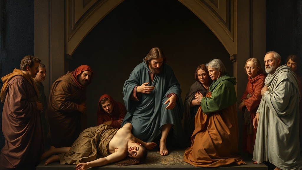 고전적 구도 속에서 위로하는 인물과 무너진 잔해를 묘사한 르네상스풍 그림