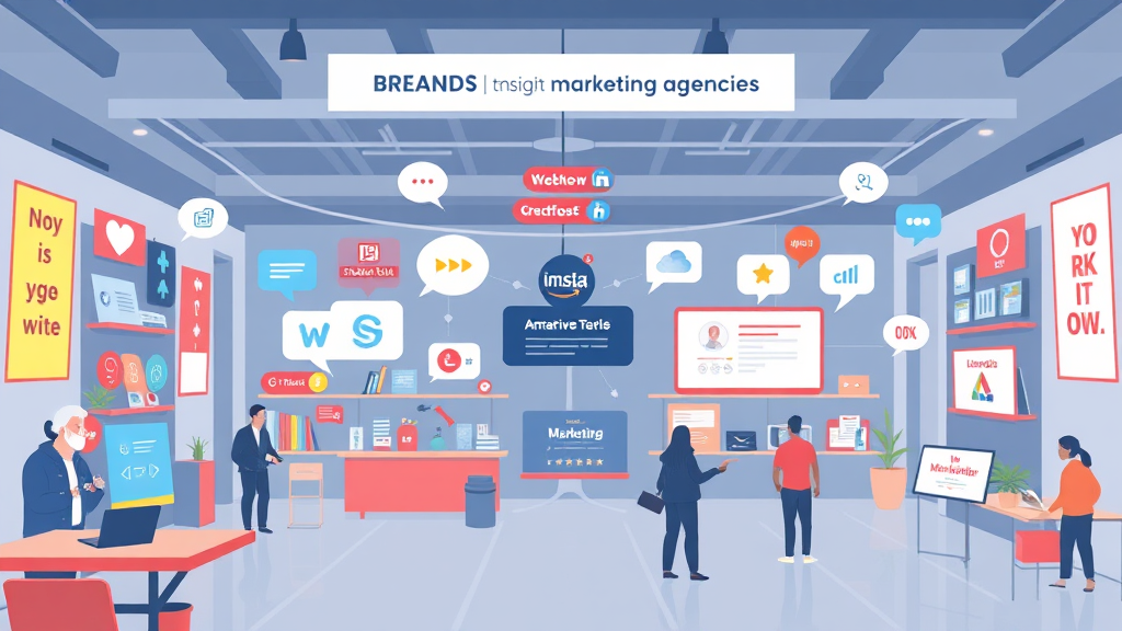 یک بازار دیجیتال مدرن که برندها را به آژانس‌های بازاریابی متصل می‌کند و خدمات مختلفی از جمله بازاریابی دیجیتال و روابط عمومی را نشان می‌دهد.