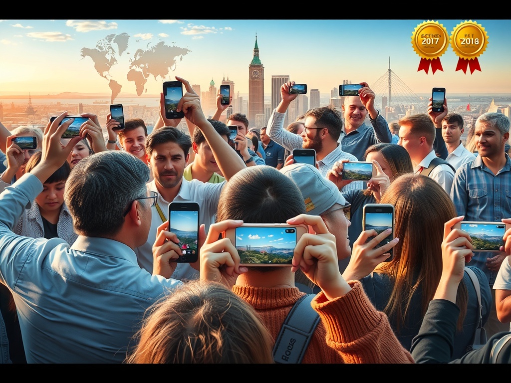 گروهی از عکاسان موبایل در حال شرکت در مسابقه عکاسی موبایل، با گوشی‌های هوشمند خود مناظر زیبا را ثبت می‌کنند.